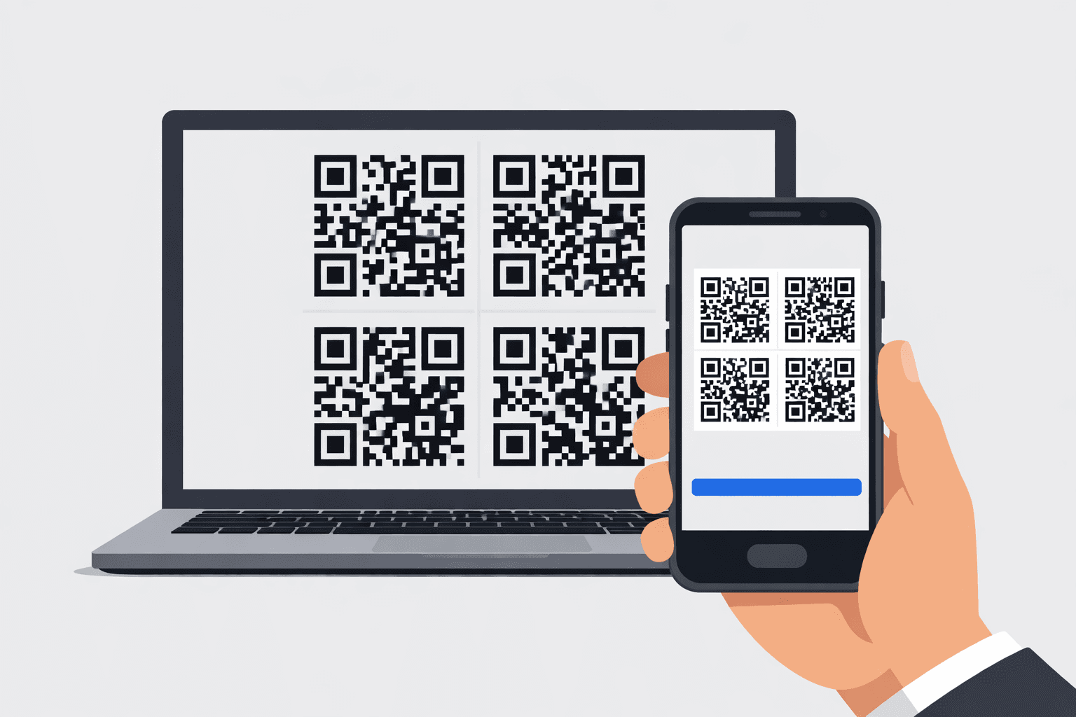 A laptop displaying a 2×2 grid of QR codes being scanned by a smartphone camera